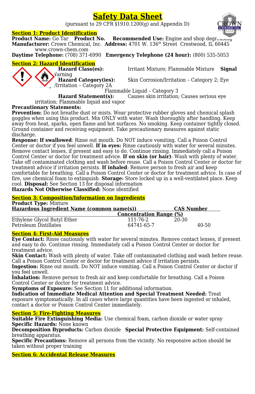 Pursuant to 29 CFR 1910.1200(G) and Appendix D