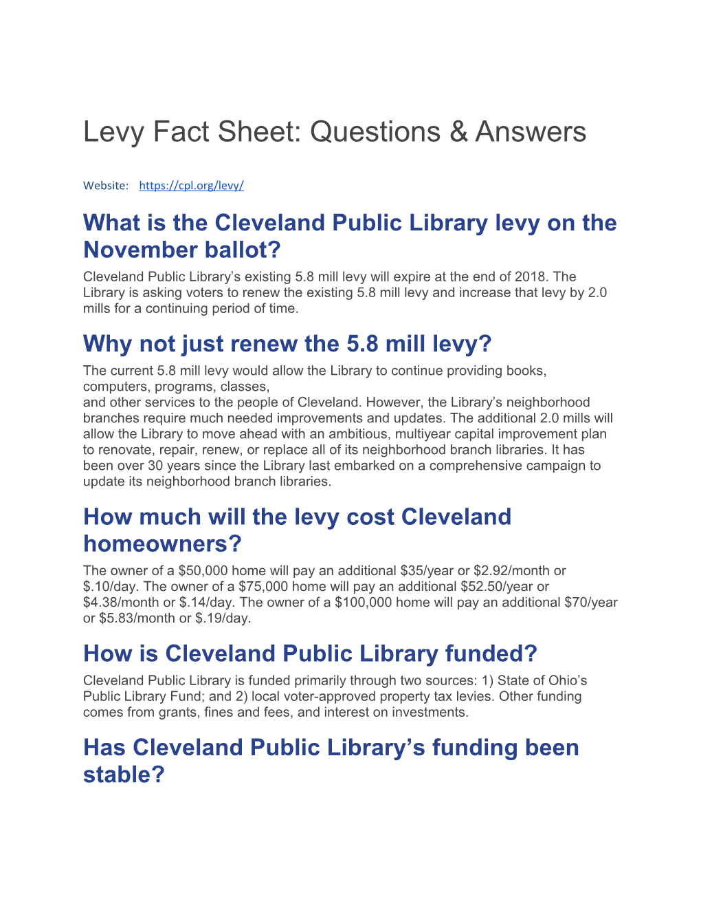 Levy Fact Sheet: Questions & Answers