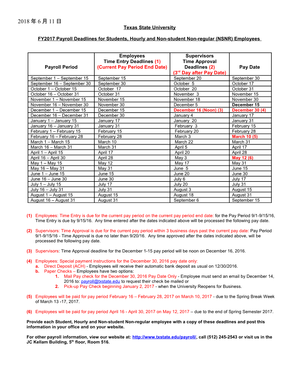 FY 2007 Payroll Deadlines