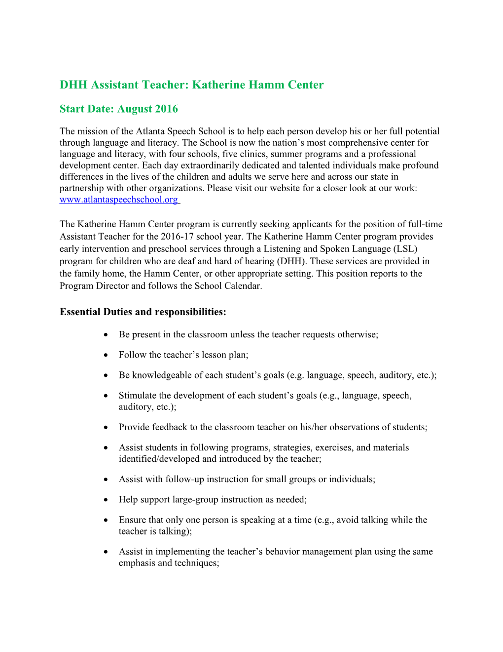 DHH Assistant Teacher: Katherine Hamm Center