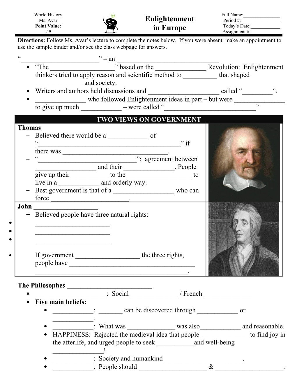 Directions: Follow Ms. Avar S Lecture to Complete the Notes Below. If You Were Absent