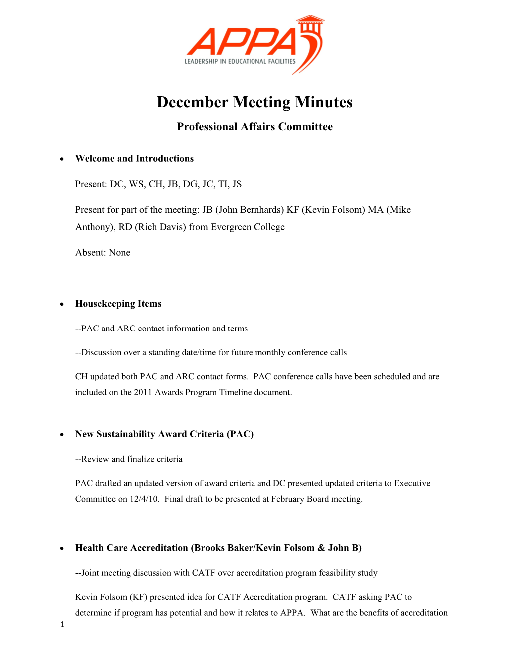 December Meeting Minutes