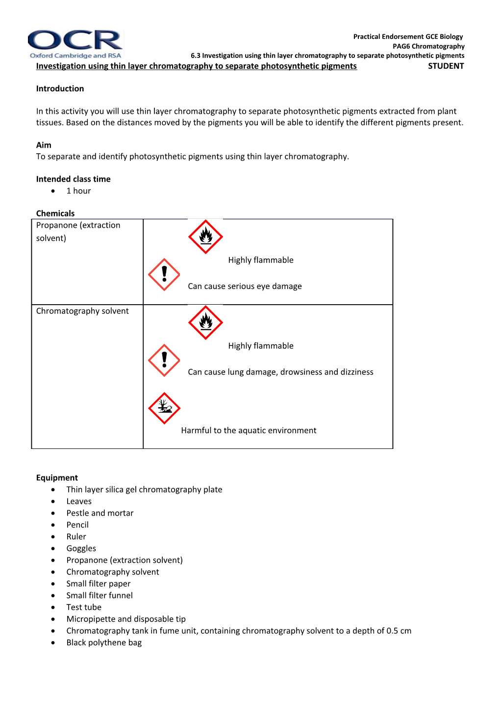 6.3 Investigation Using Thin Layer Chromatography to Separate Photosynthetic Pigments