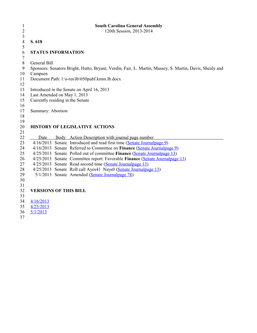 2013-2014 Bill 618: Abortion - South Carolina Legislature Online