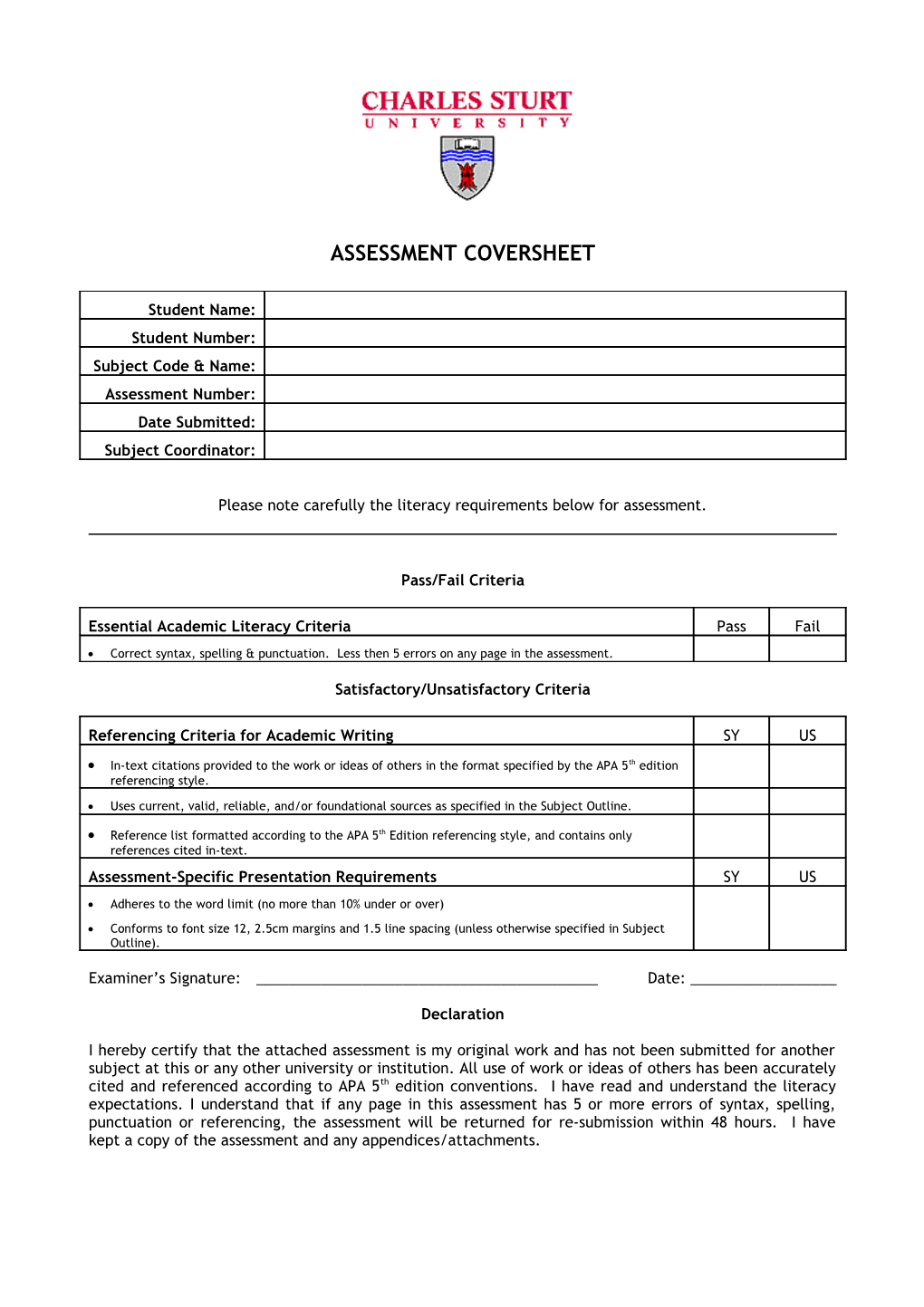 Assessment Coversheet