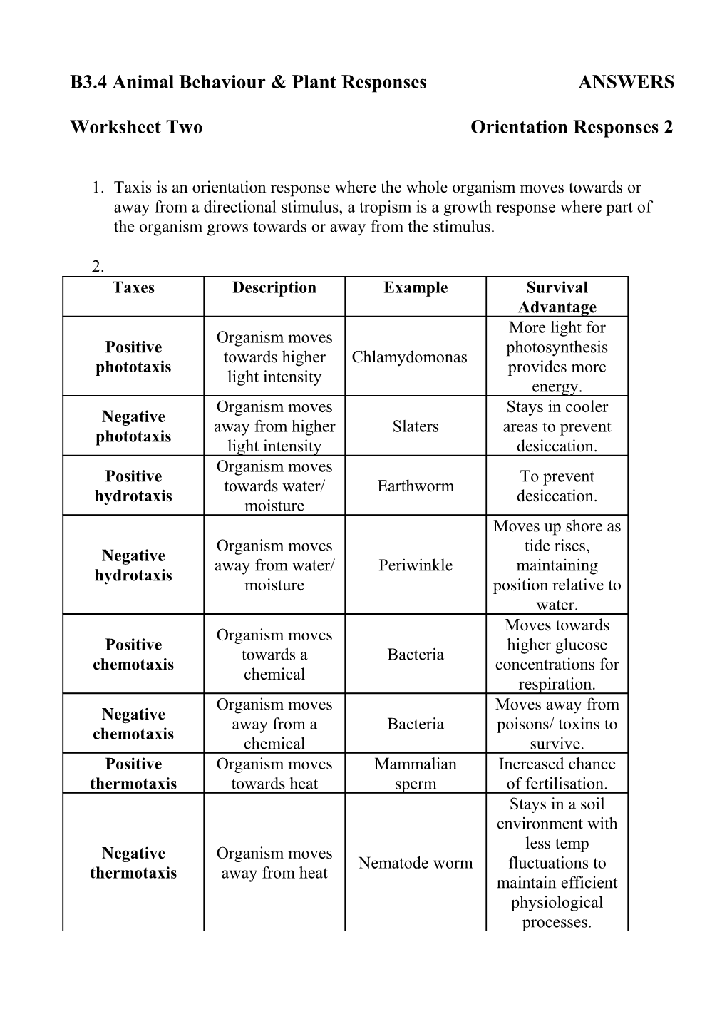 B3.4 Animal Behaviour & Plant Responses ANSWERS