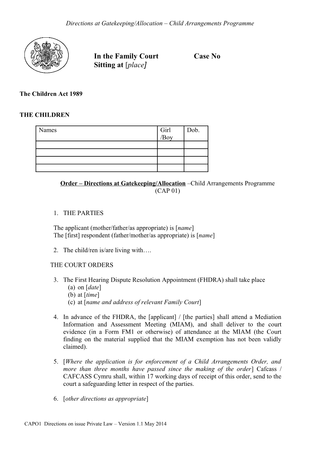 Directions at Gatekeeping/Allocation Child Arrangements Programme