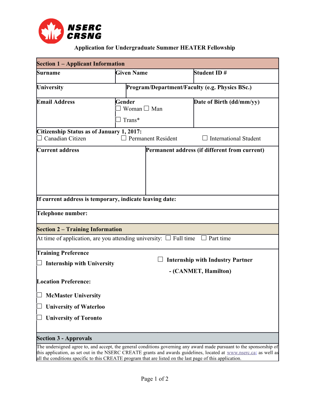 Application for Undergraduate Summer HEATER Fellowship