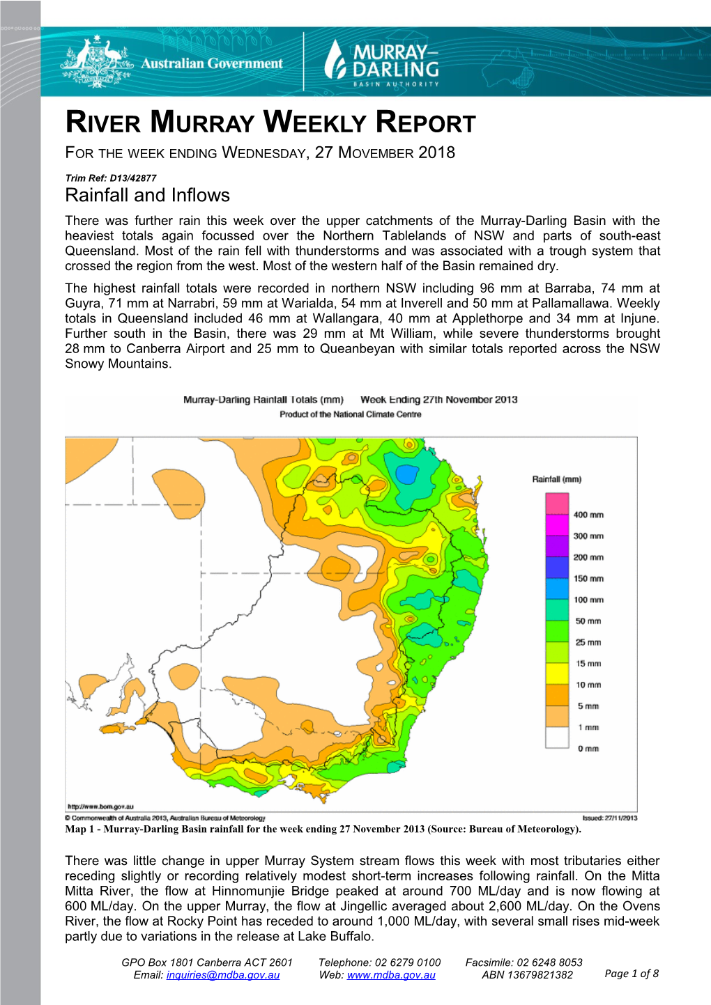 River Murray Operations Weekly Report 27 November 2013