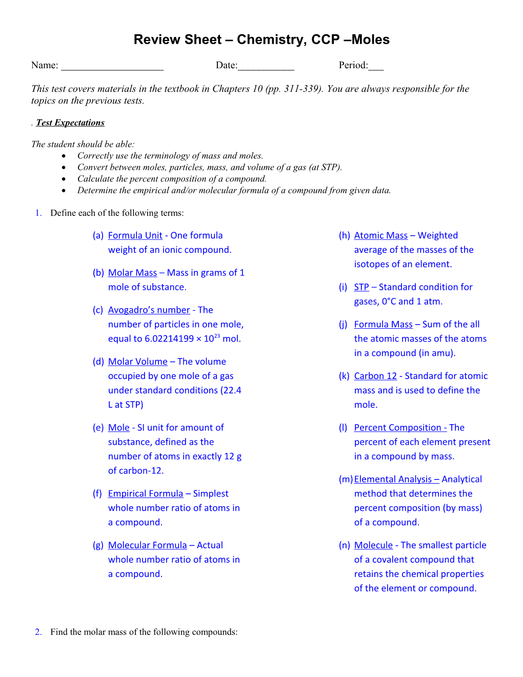 Review Sheet Chemistry Ch