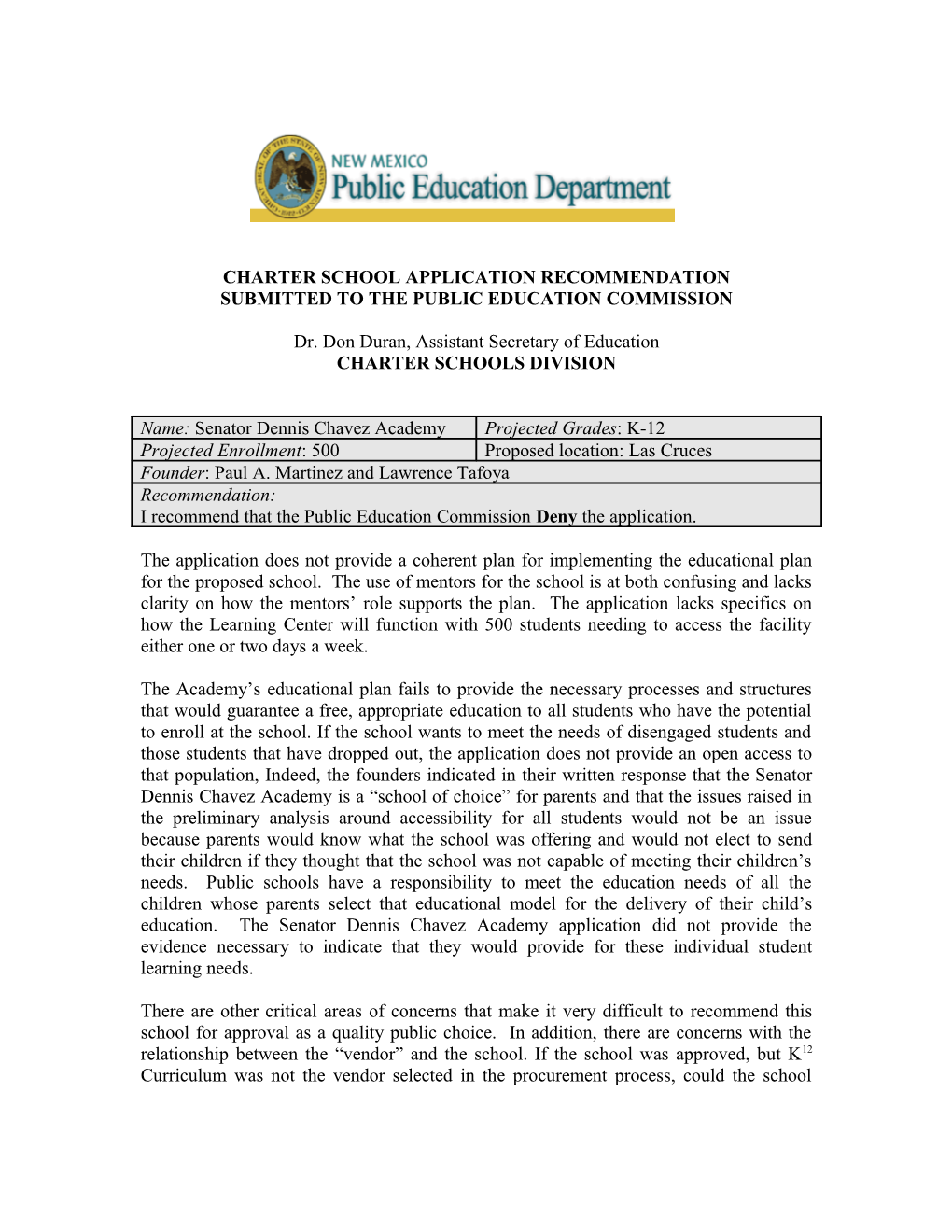 Submitted to the Public Education Commission