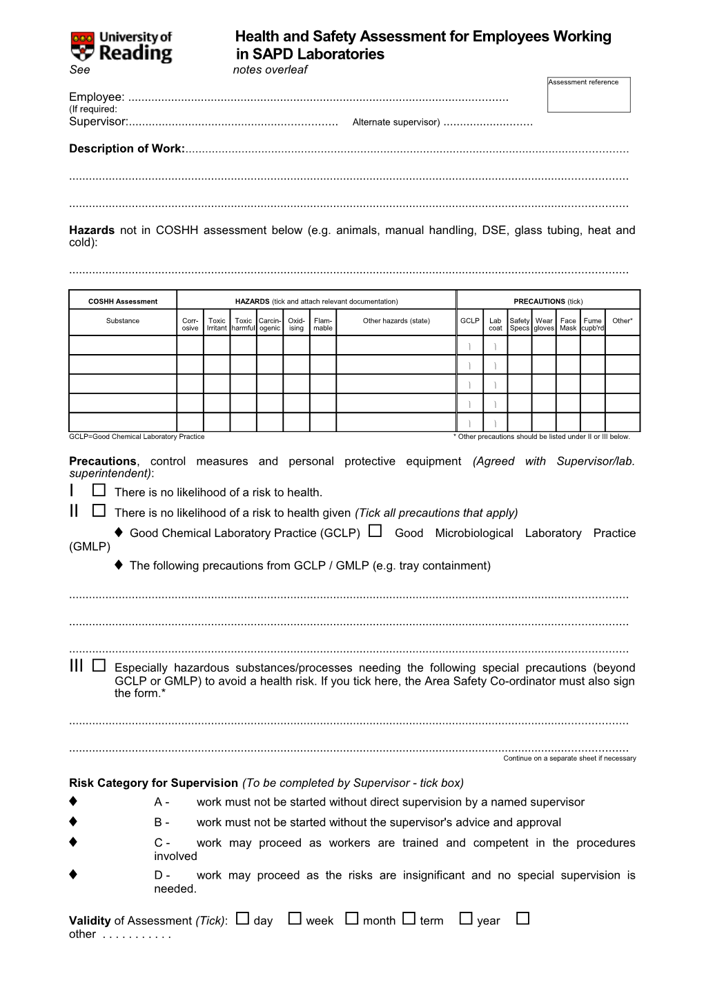 Assessment of Health and Safety Aspects of Student Supervision