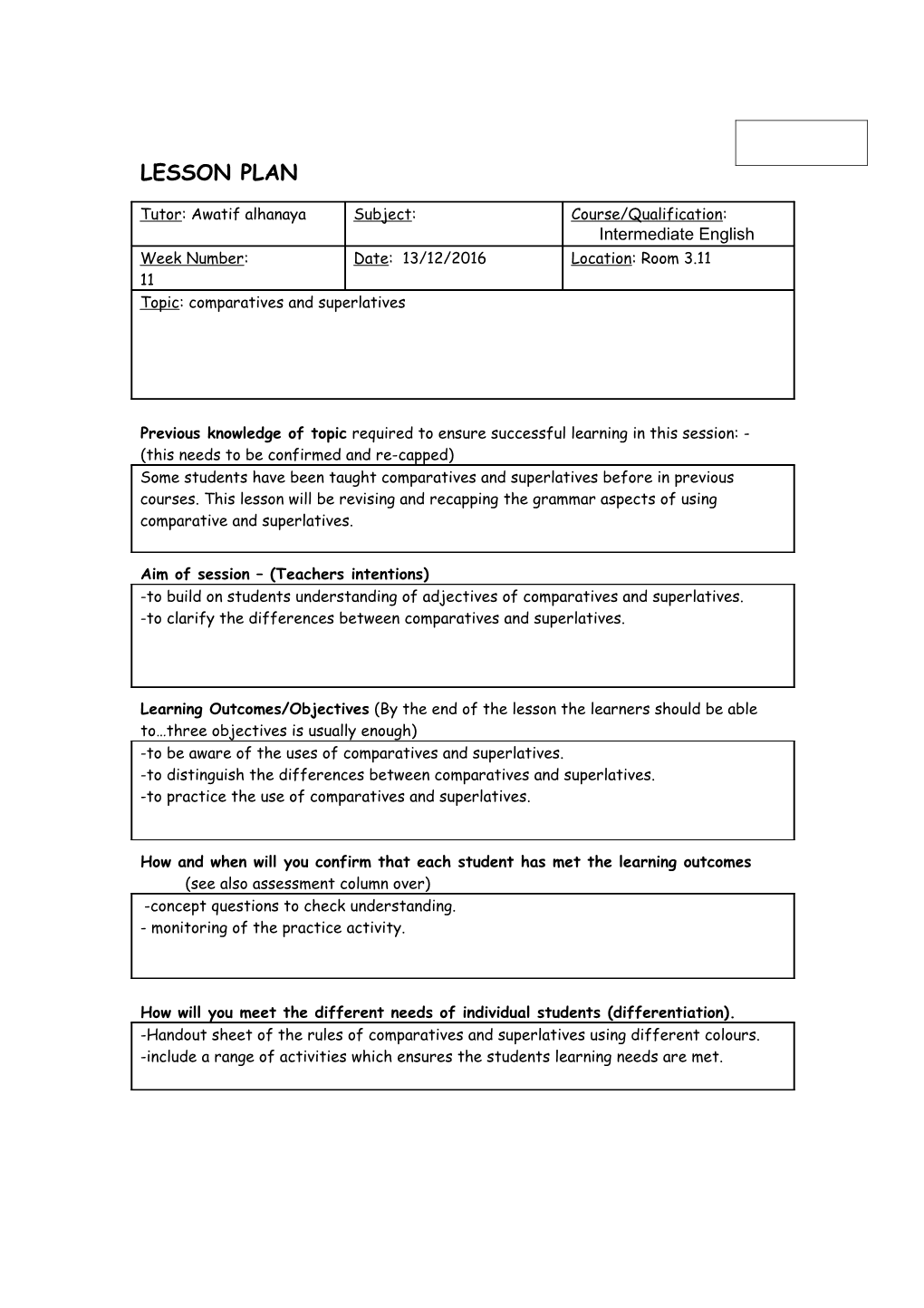 Aim of Session (Teachers Intentions)