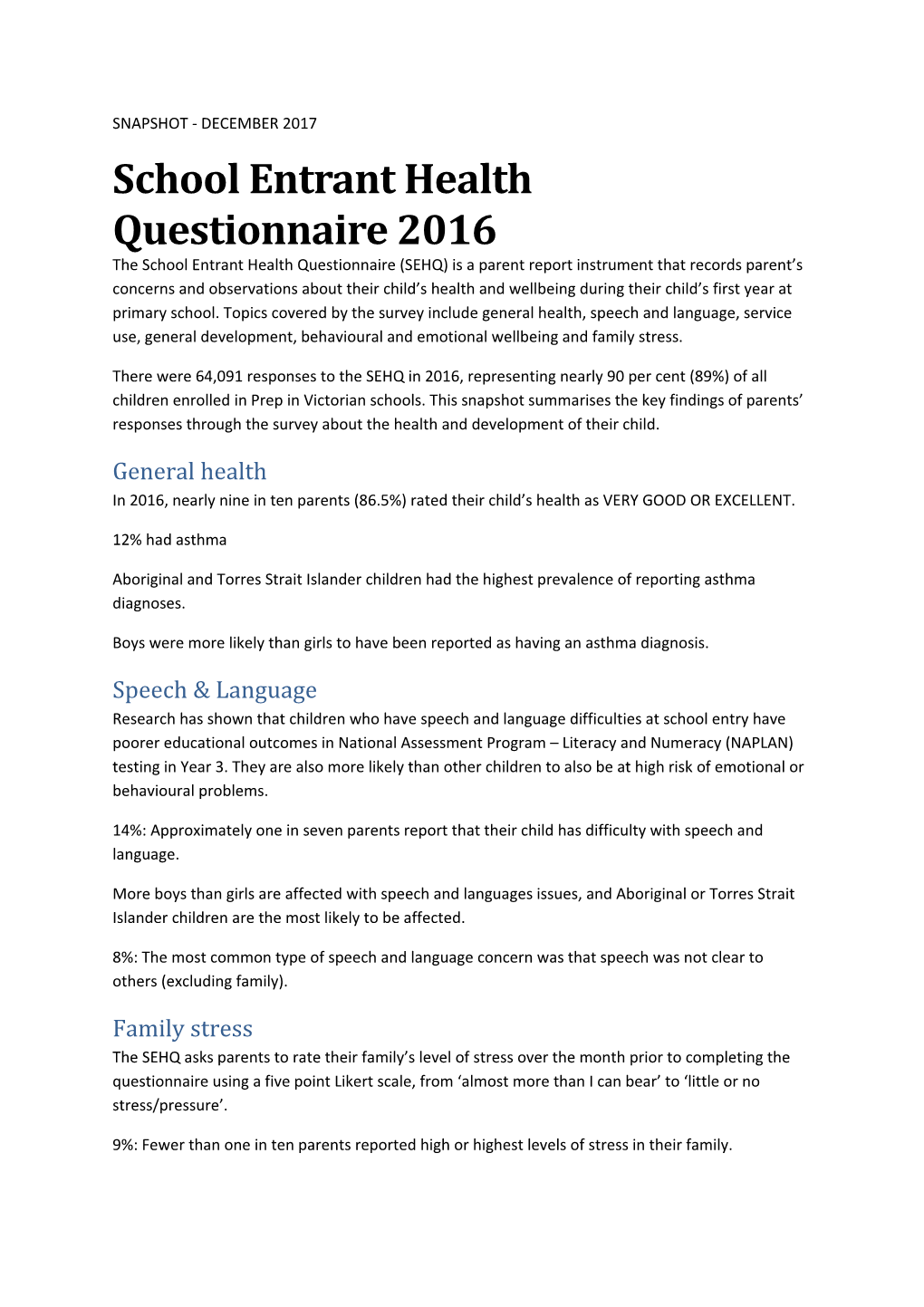School Entrant Health Questionnaire 2016