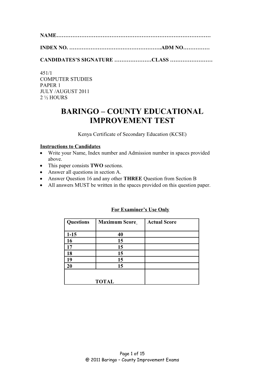 Baringo County Educational Improvement Test
