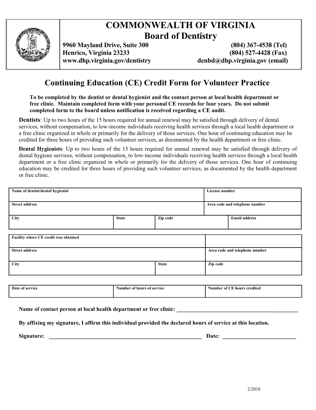 Continuing Education Credit Form for Volunteer Practice Dentistry