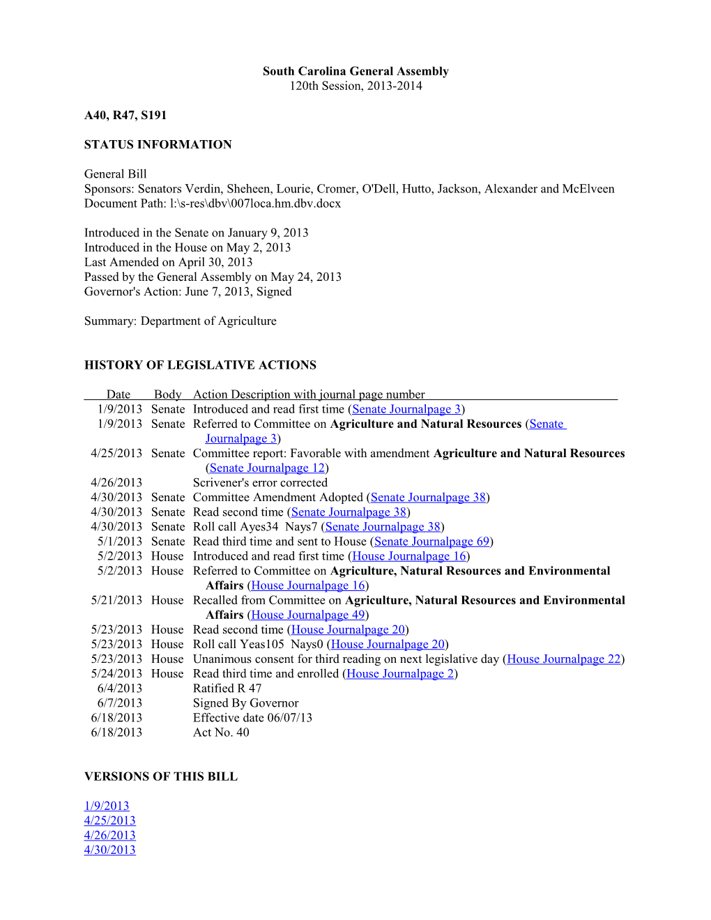 2013-2014 Bill 191: Department of Agriculture - South Carolina Legislature Online