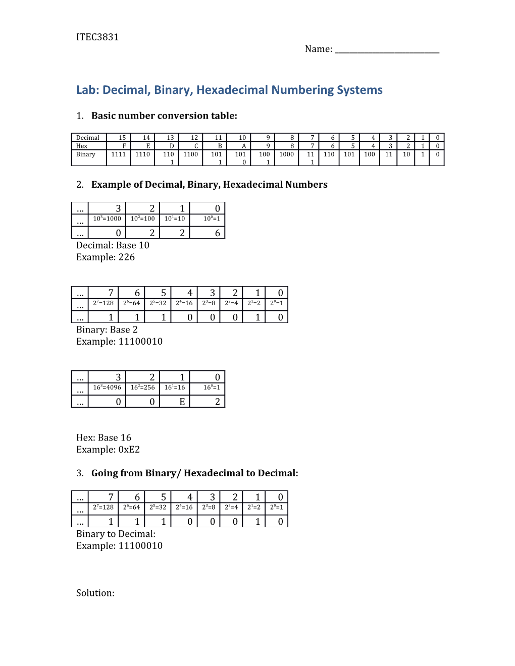 Lab: Decimal, Binary, Hexadecimal Numbering Systems