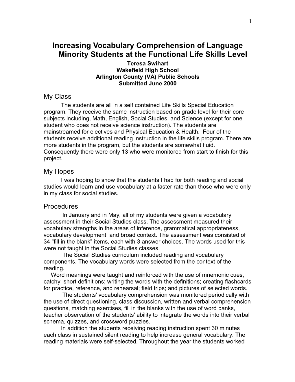Increasing Vocabulary Comprehension of Language Minority Students at the Functional Life