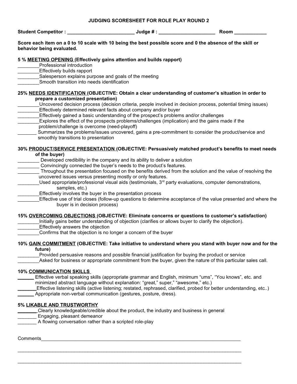 Judging Scoresheet for Role Play Round 2