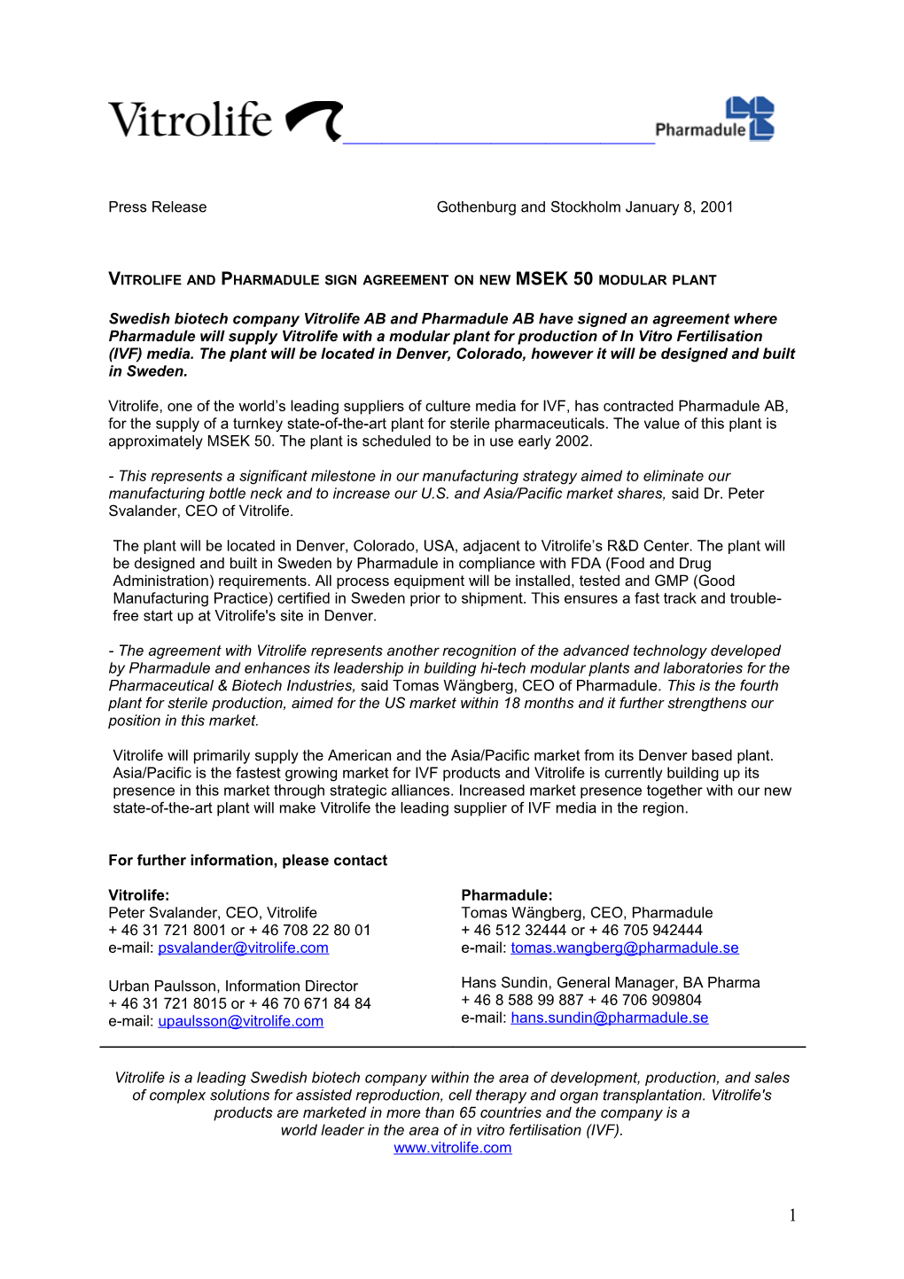 Vitrolife and Pharmadule Sign Agreement on New MSEK 50 Modular Plant