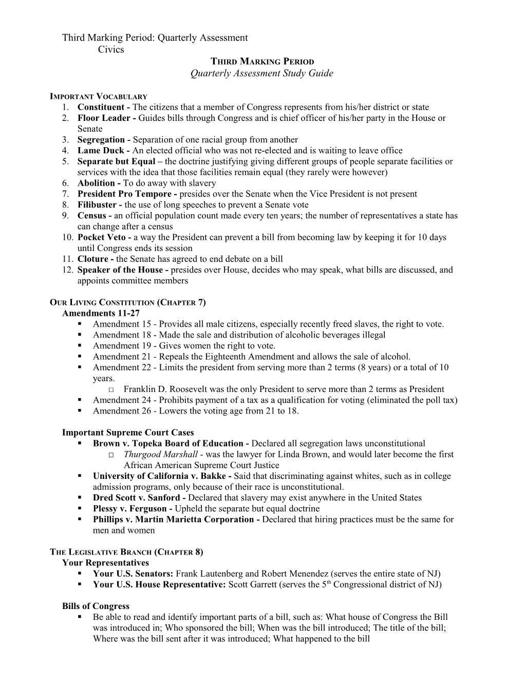 Third Marking Period Quarterly Assessment Study Guide