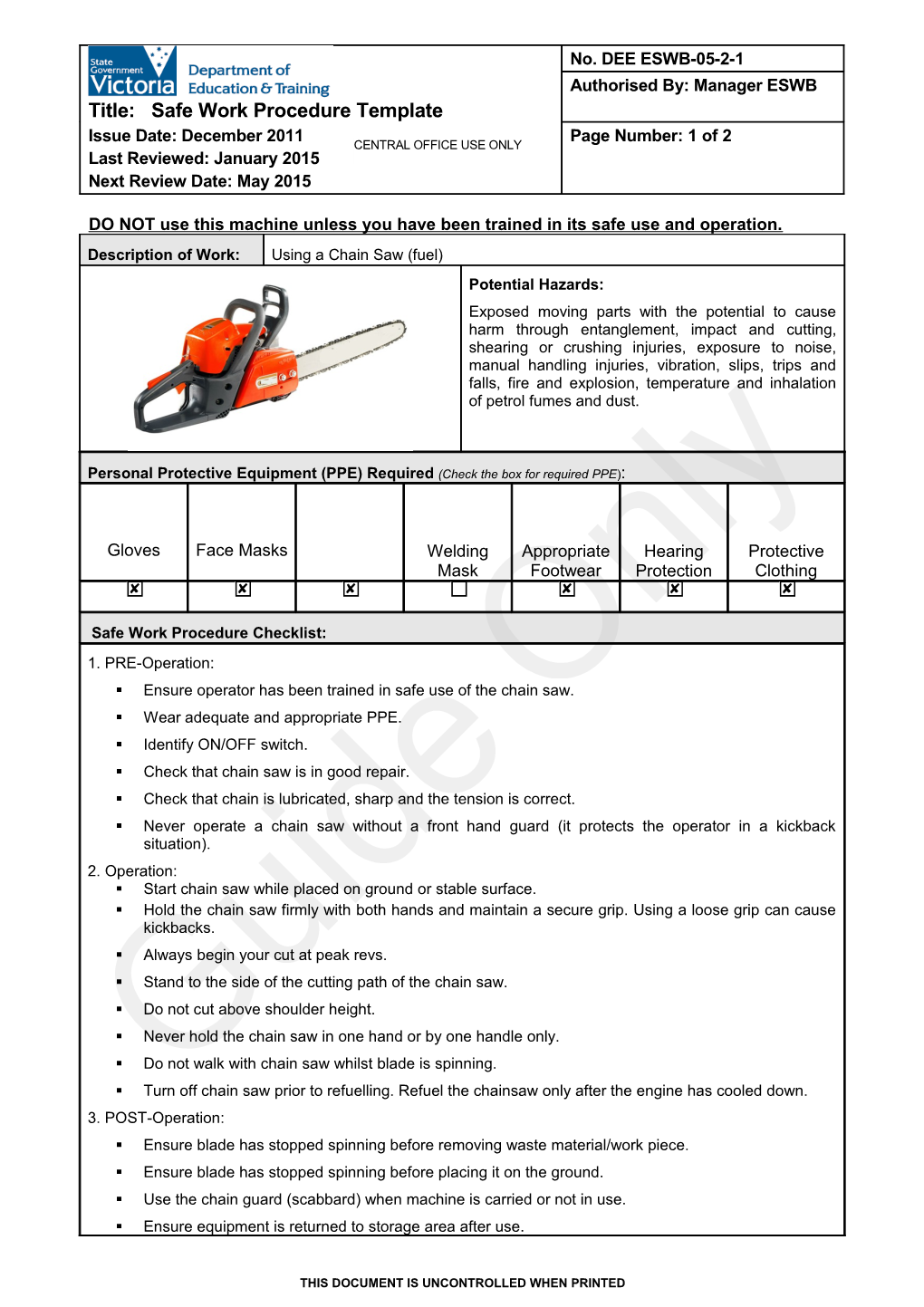 Safe Work Procedure Template - Chainsaw (Fuel)