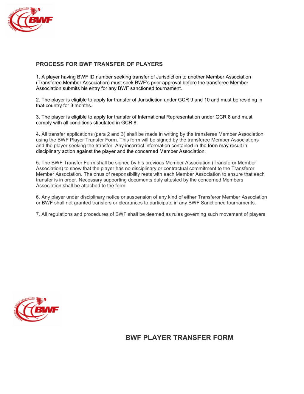 Process for Bwf Transfer of Players