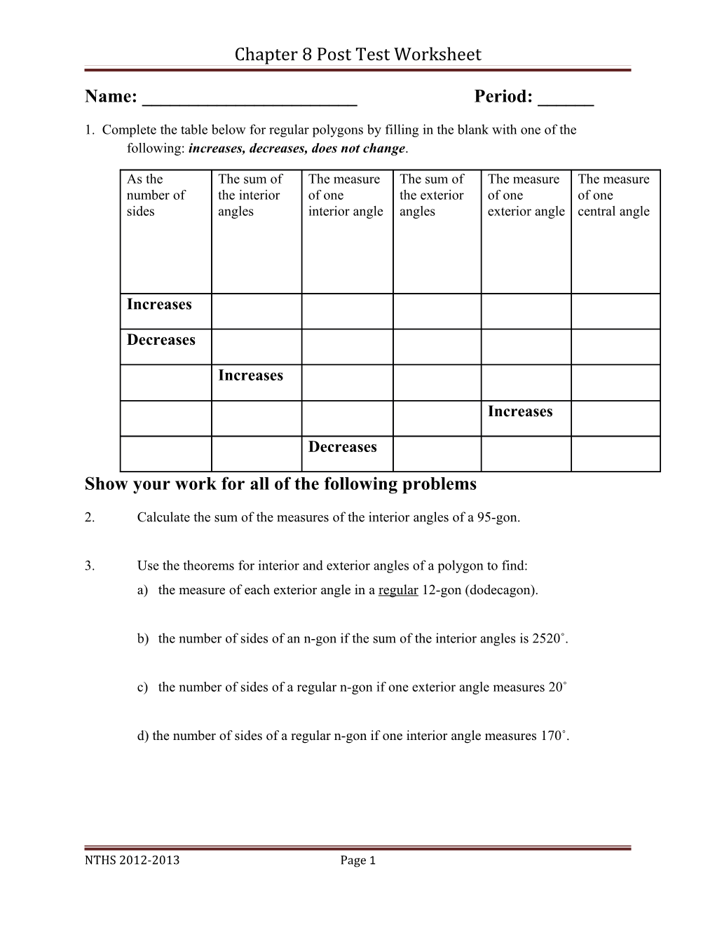 Chapter 8 Post Test Worksheet