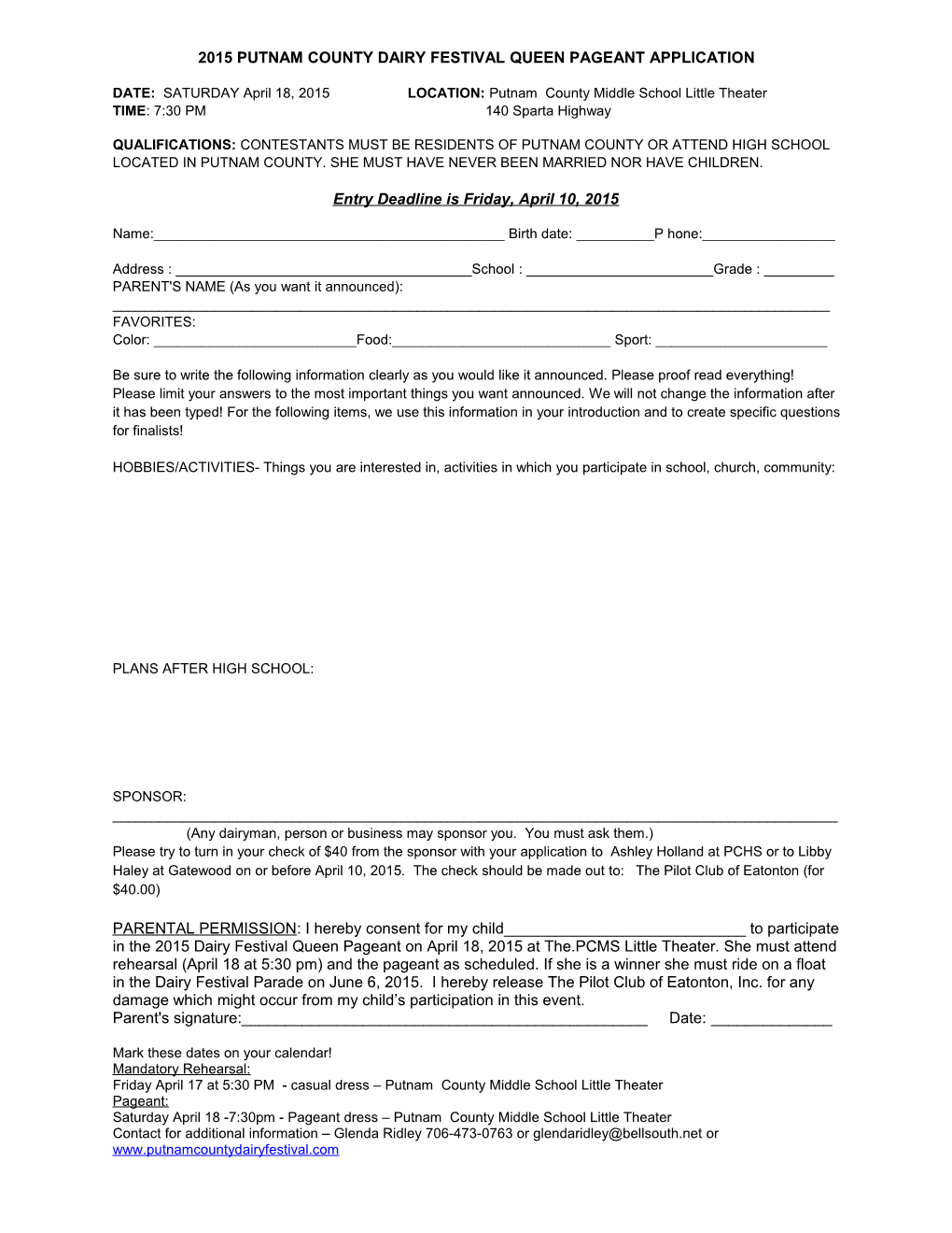 2009 Putnam County Dairy Festival Queen Pageant Application
