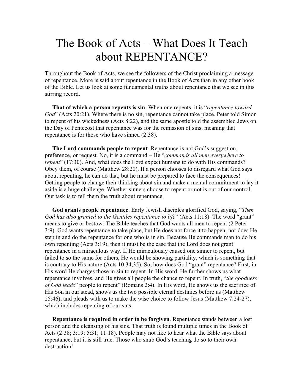 The Book of Acts What Does It Teach About REPENTANCE
