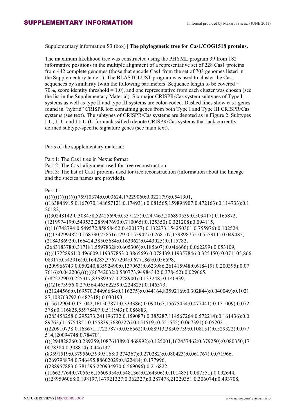 Supplementary Information S3 (Box) the Phylogenetic Tree for Cas1/COG1518 Proteins