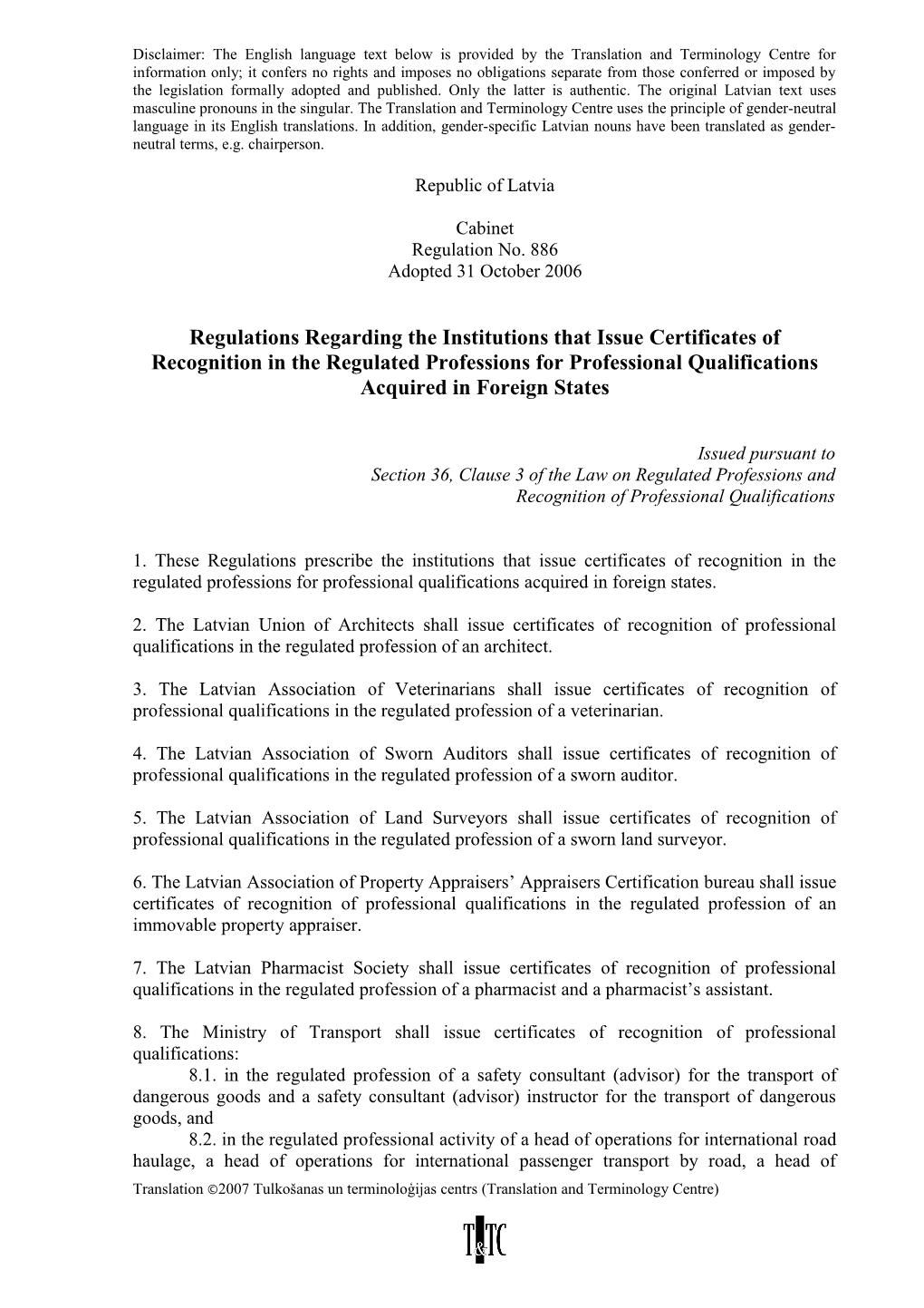 Regulations Regarding the Institutions That Issue Certificates of Recognition in the Regulated