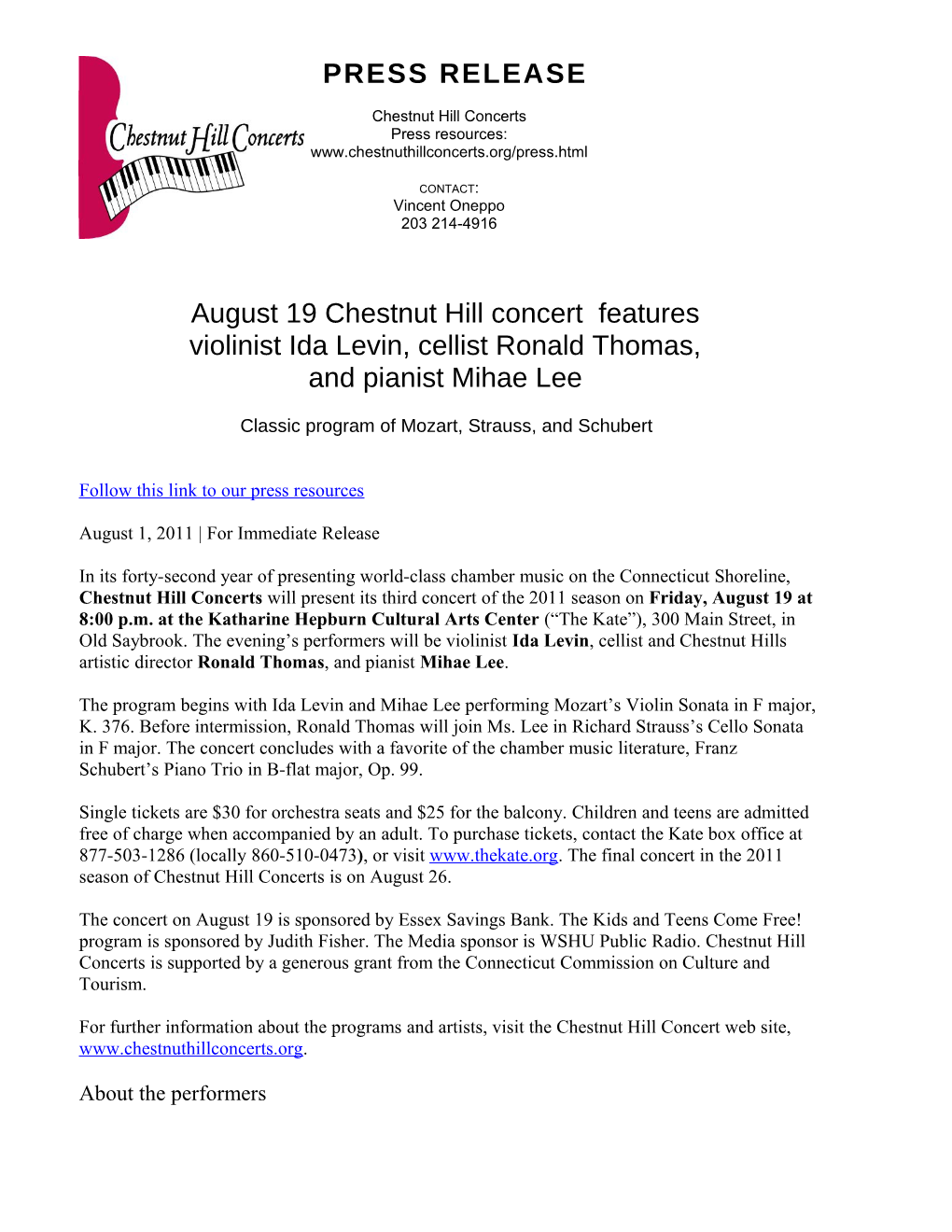 Chestnut Hill Concerts PRESS RELEASE Monday, August 1, 2011 PAGE 3