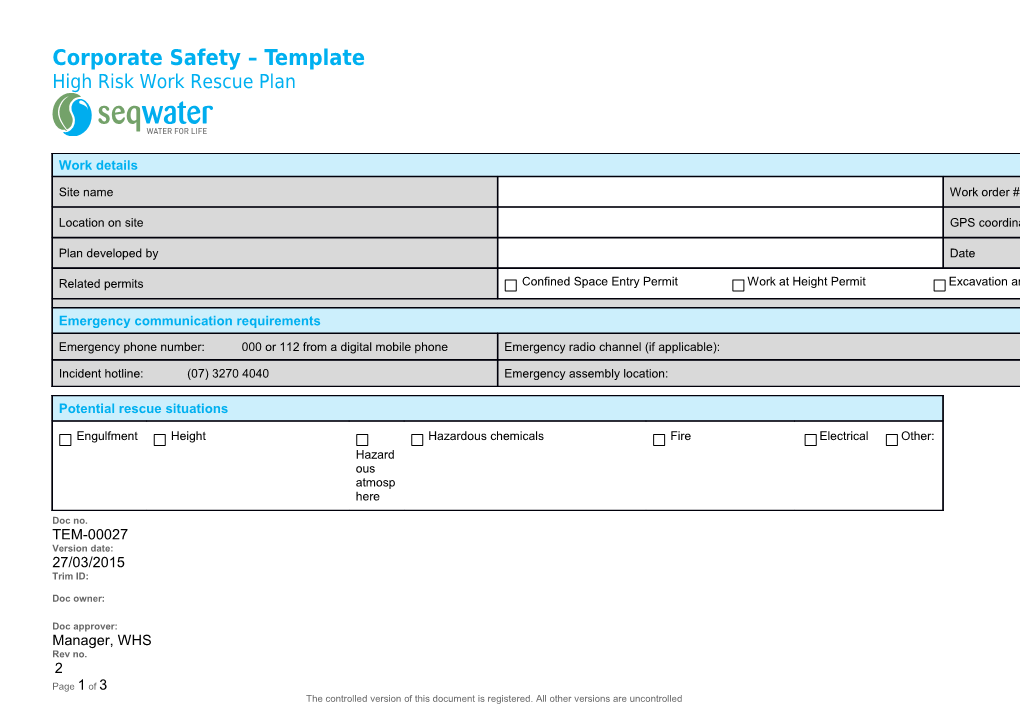 Corporate Safety - Confined Space Rescue Plan Template