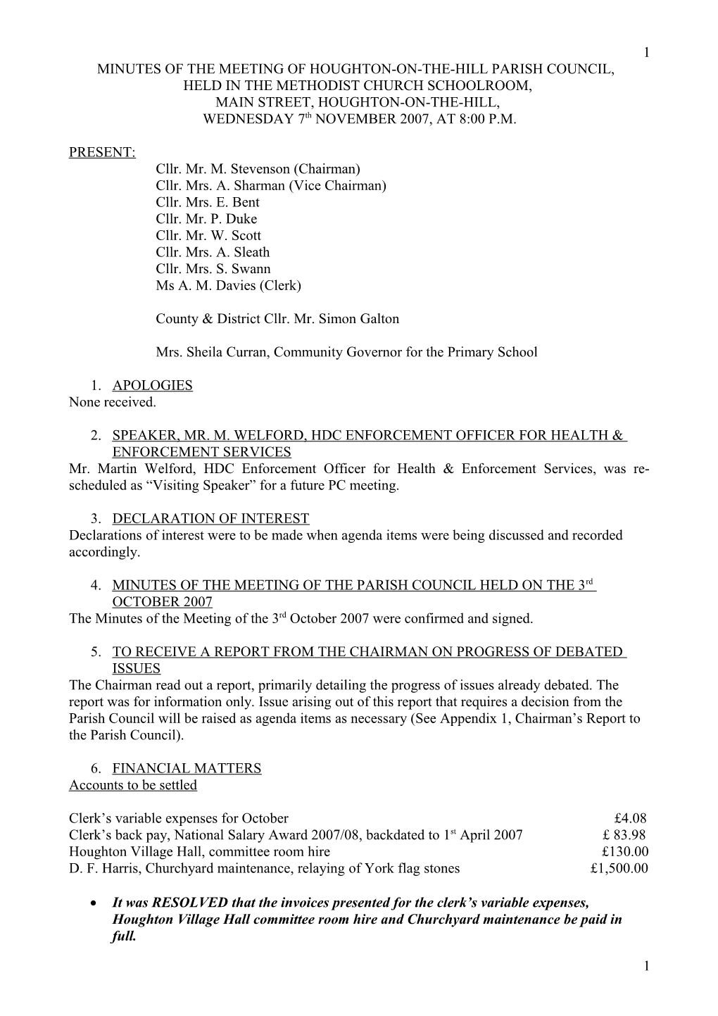 Minutes of the Meeting of Houghton-On-The-Hill Parish Council