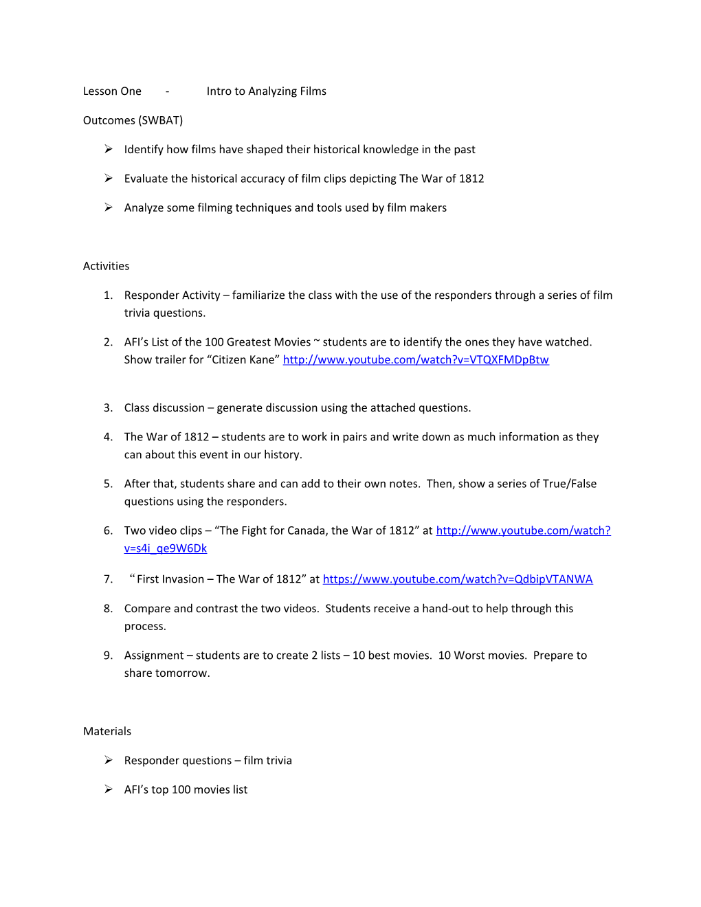 Lesson One - Intro to Analyzing Films