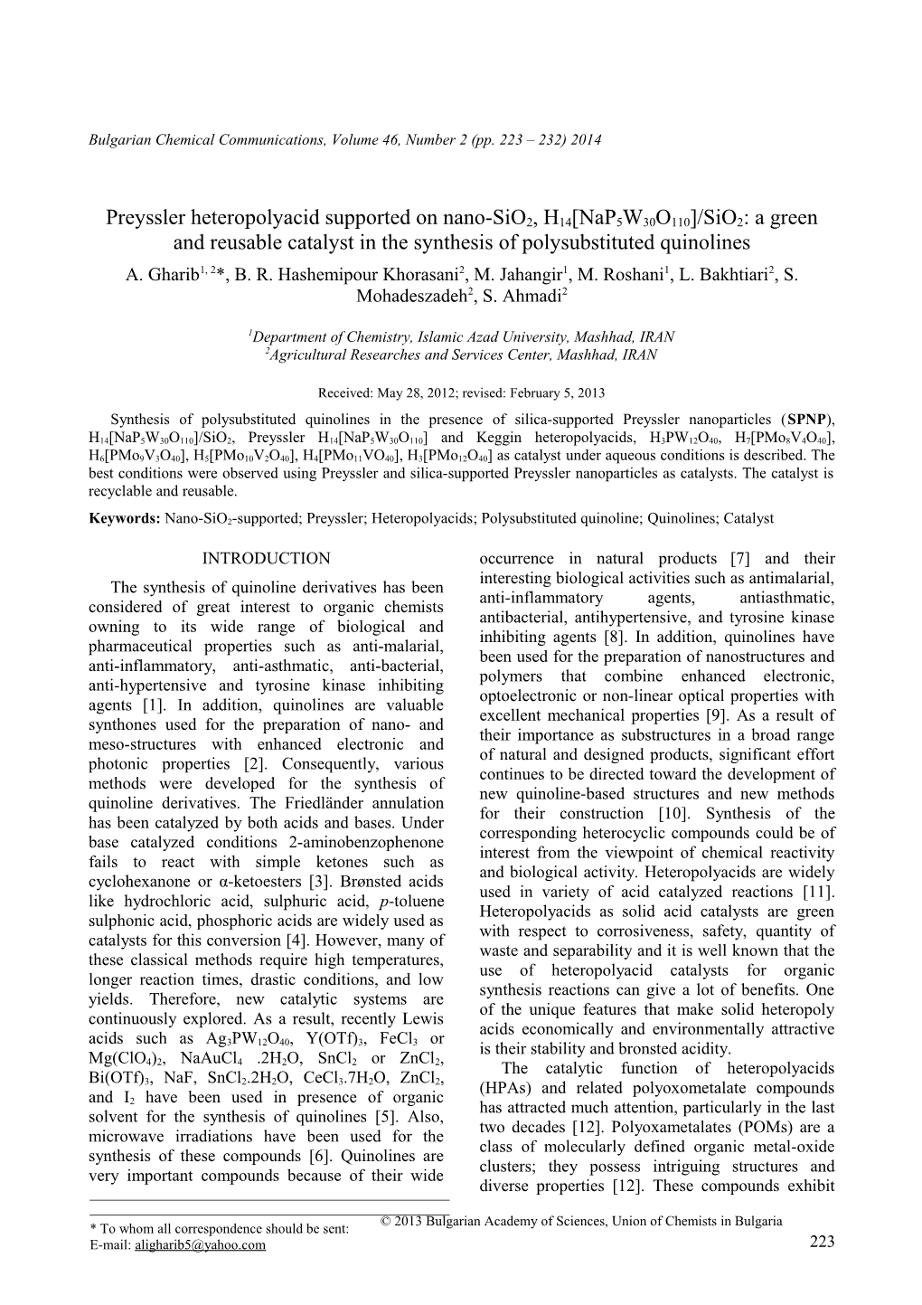 Preyssler Heteropolyacid Supported on Nano-Sio2, H14 Nap5w30o110 /Sio2: a Green