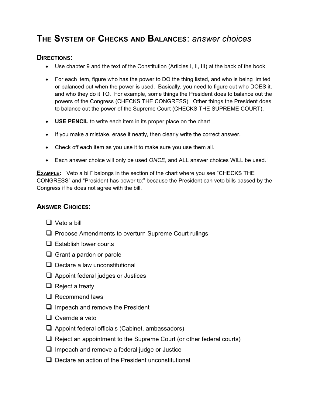 The System of Checks and Balances : Answer Choices