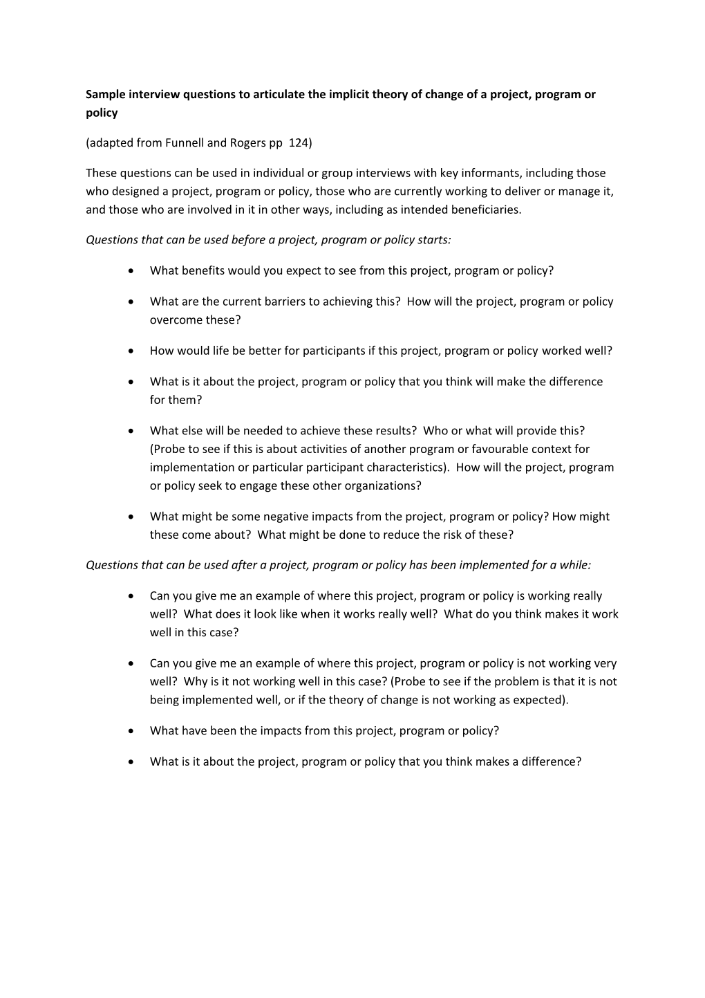 Sample Interview Questions to Articulate the Implicit Theory of Change of a Project, Program