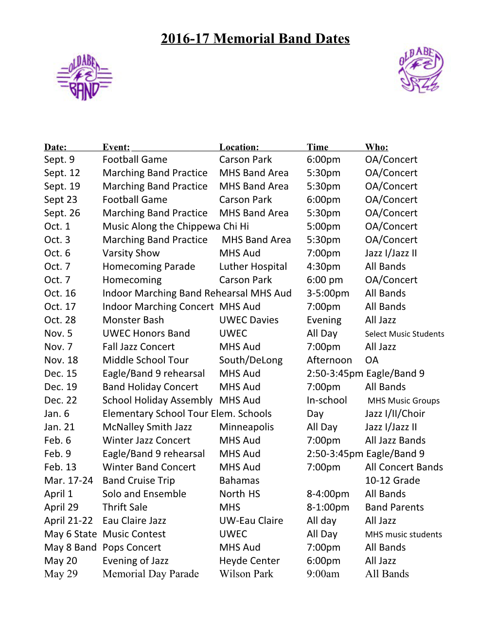 2003-2004 Master Band Schedule