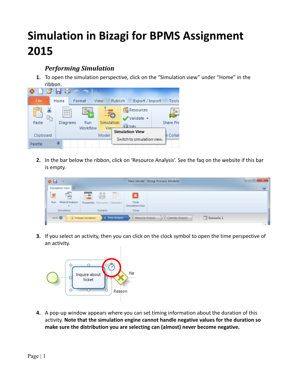 Simulation in Bizagi for BPMS Assignment 2015