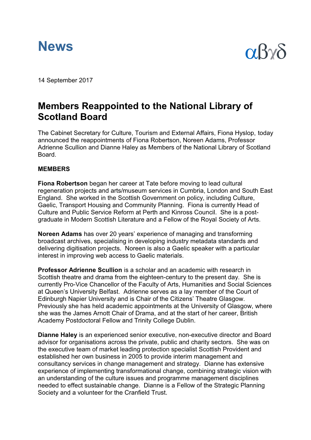 Members Reappointed to the National Library of Scotland Board
