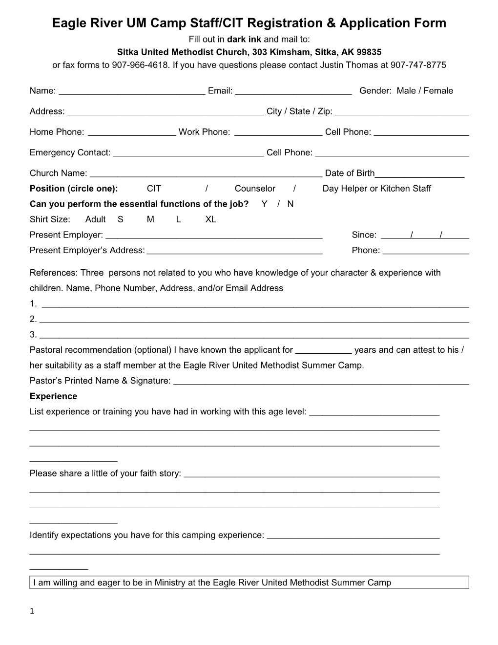 Eagle River UM Camp Staff Registration & Application Form