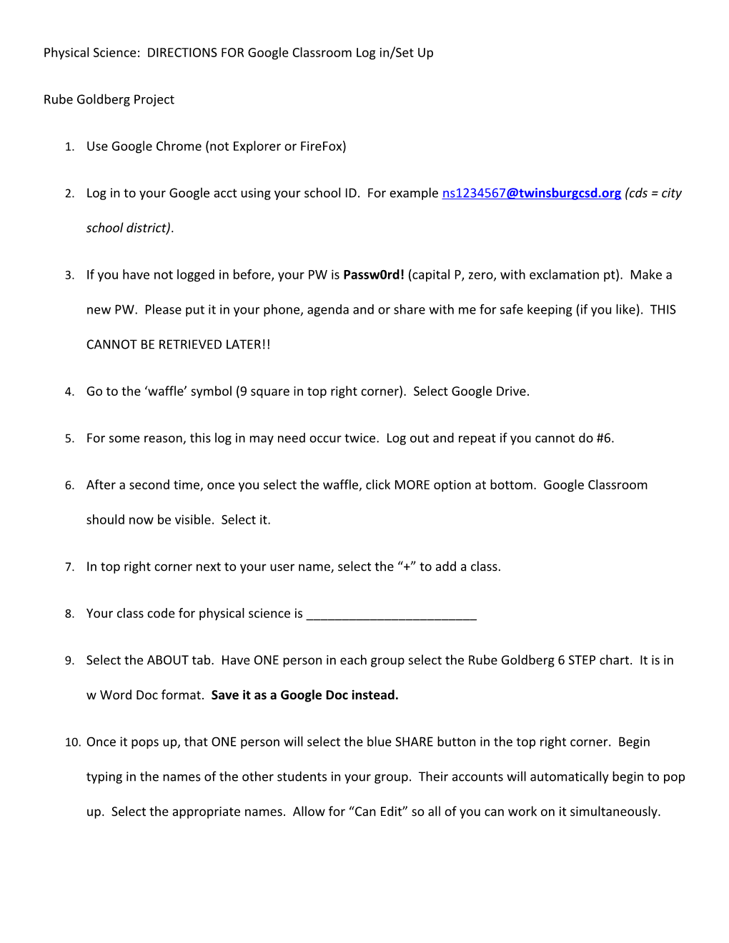 Physical Science: DIRECTIONS for Google Classroom Log In/Set Up