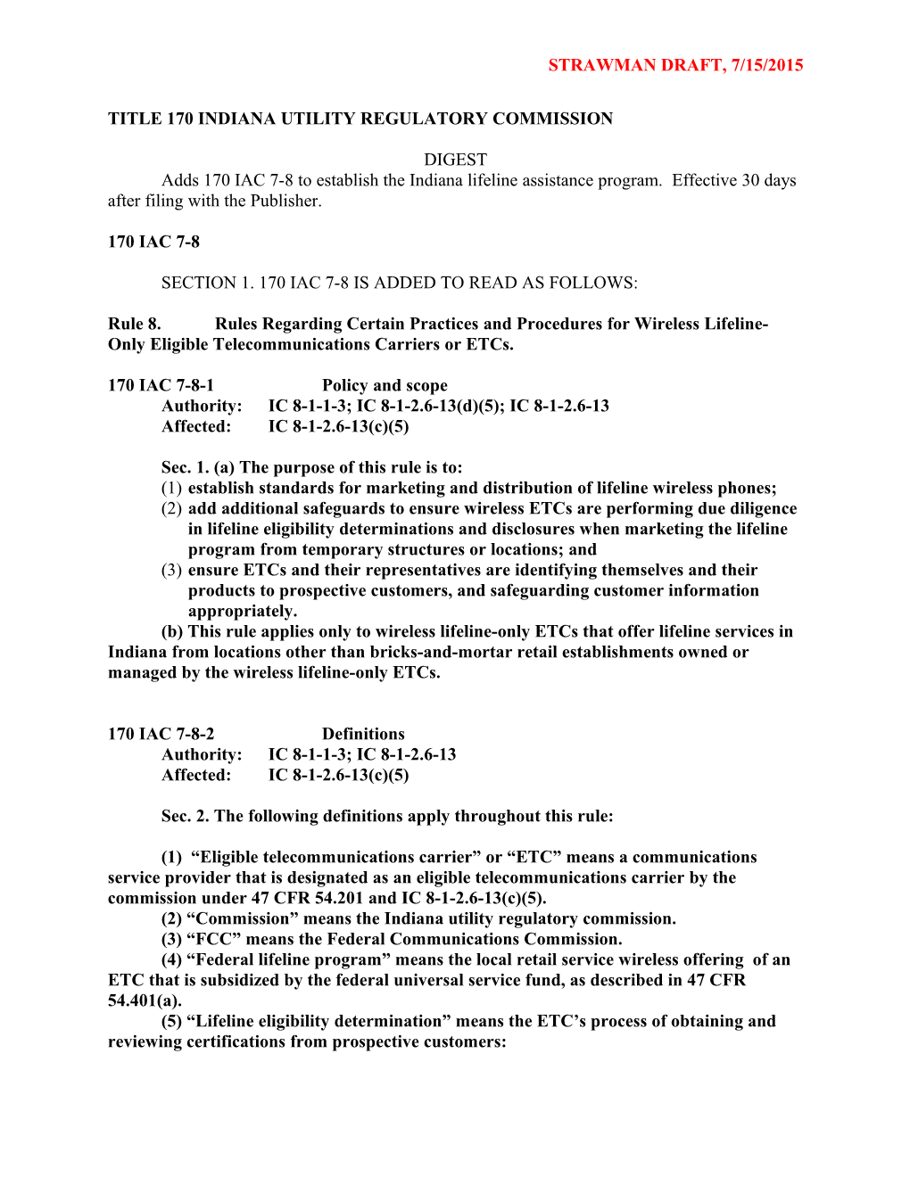 Title 170 Indiana Utility Regulatory Commission