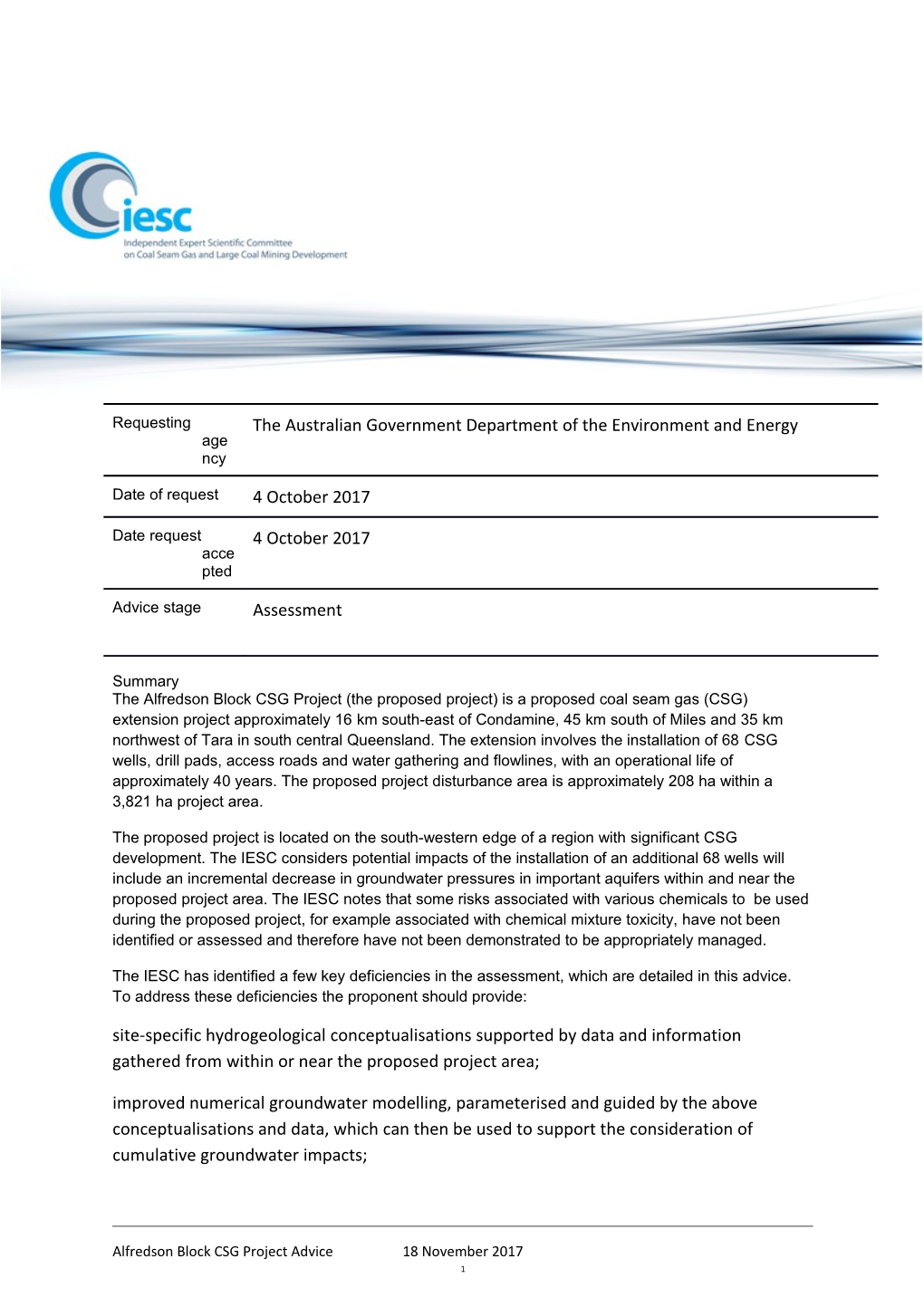 Advice to Decision Maker on Coal Seam Gas Projectiesc 2017-089: Alfredson Block CSG Project