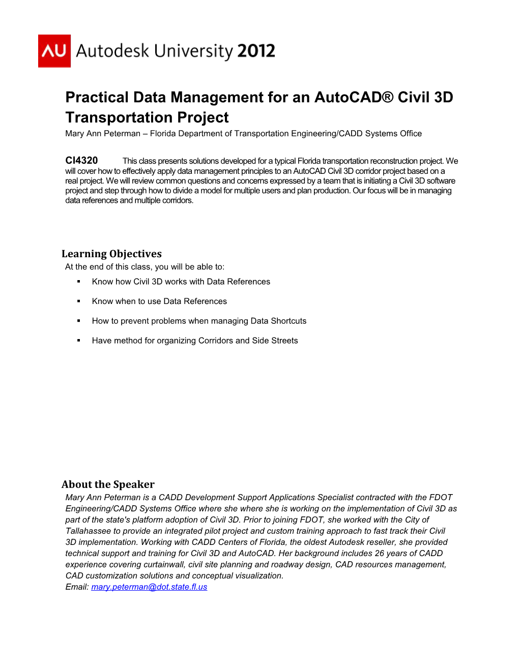 Practical Data Management for an Autocad Civil 3D Transportation Project