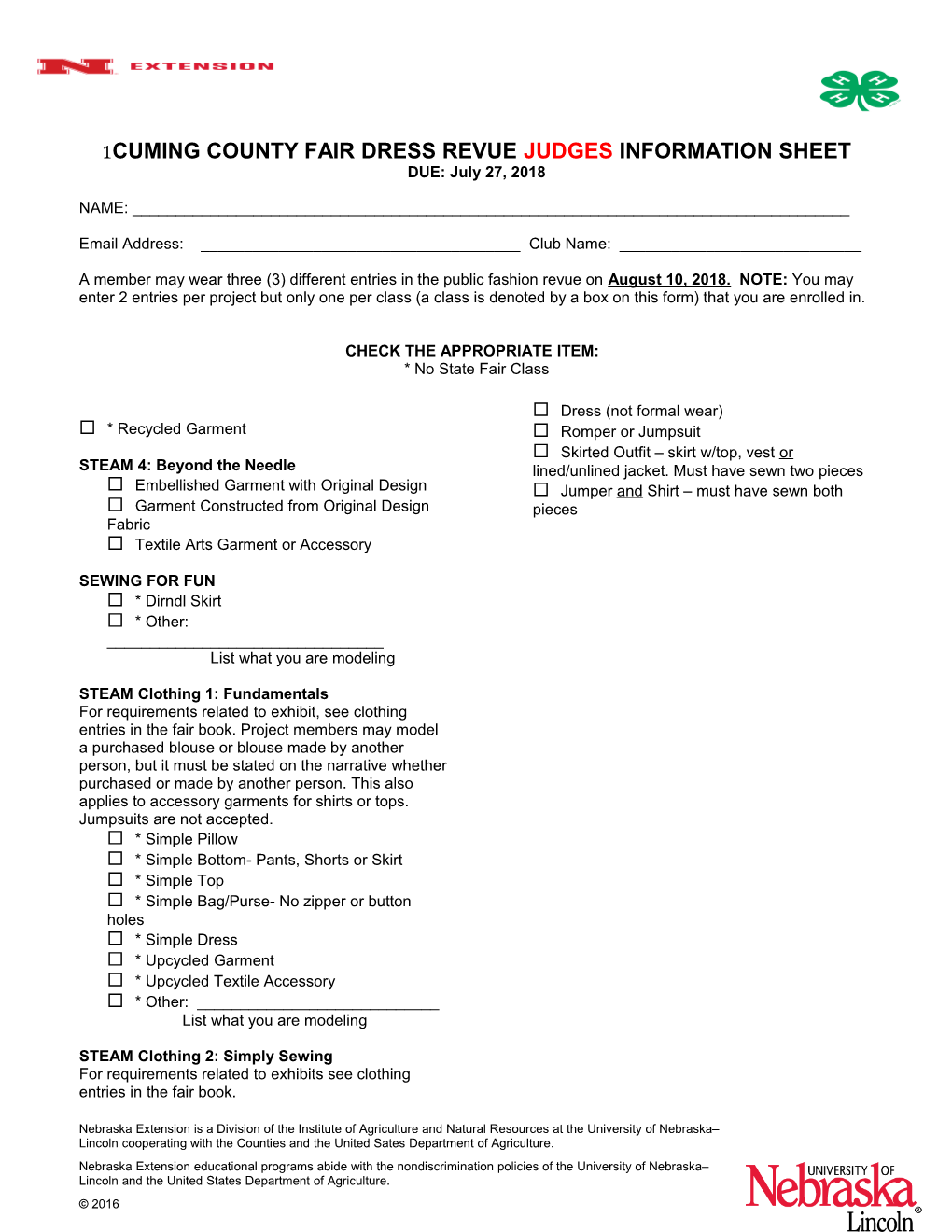 Cuming County Fair Dress Revue Judges Information Sheet