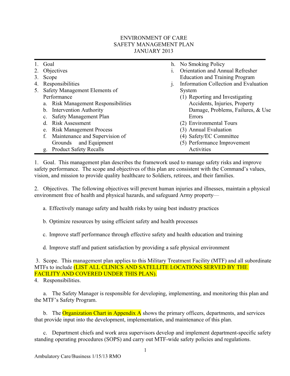 Medical Safety Template, 2013, SAC, EOC Safety Management Plan